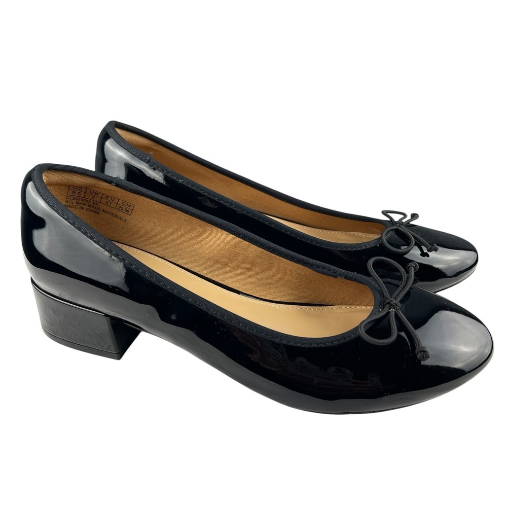 Jenn Ardor Women's Ballet Pumps Size 9.5 Black Patent Bow Slip On Low Block Heel